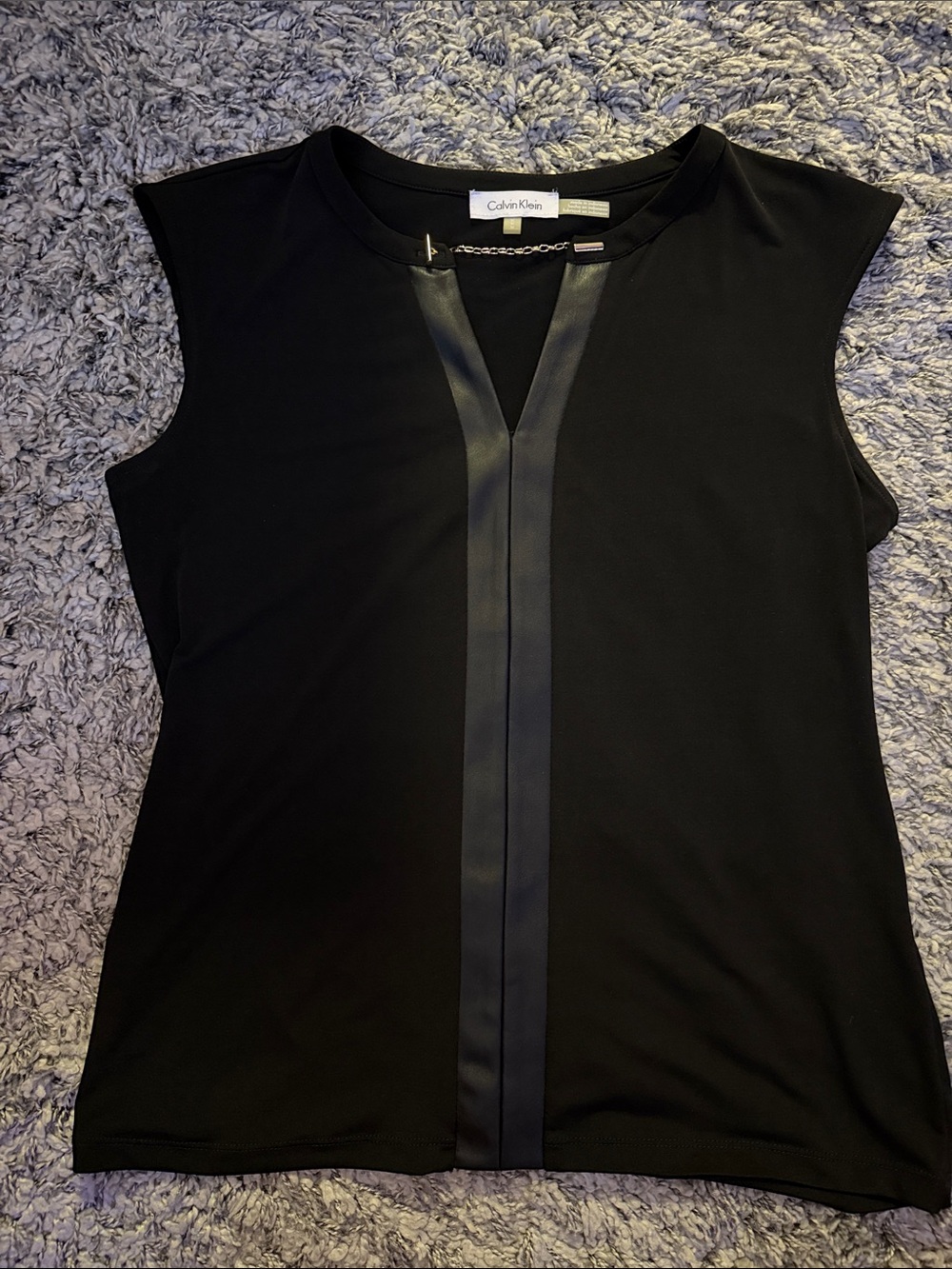 Calvin Klein Black Sleeveless Tank with Faux Leather Center Trim